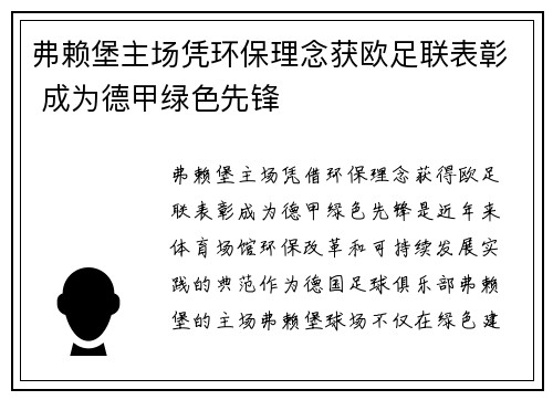 弗赖堡主场凭环保理念获欧足联表彰 成为德甲绿色先锋